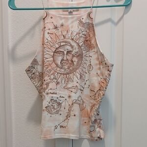 Gaze Sun and Moon Graphic Tank Top in Cream and Brown